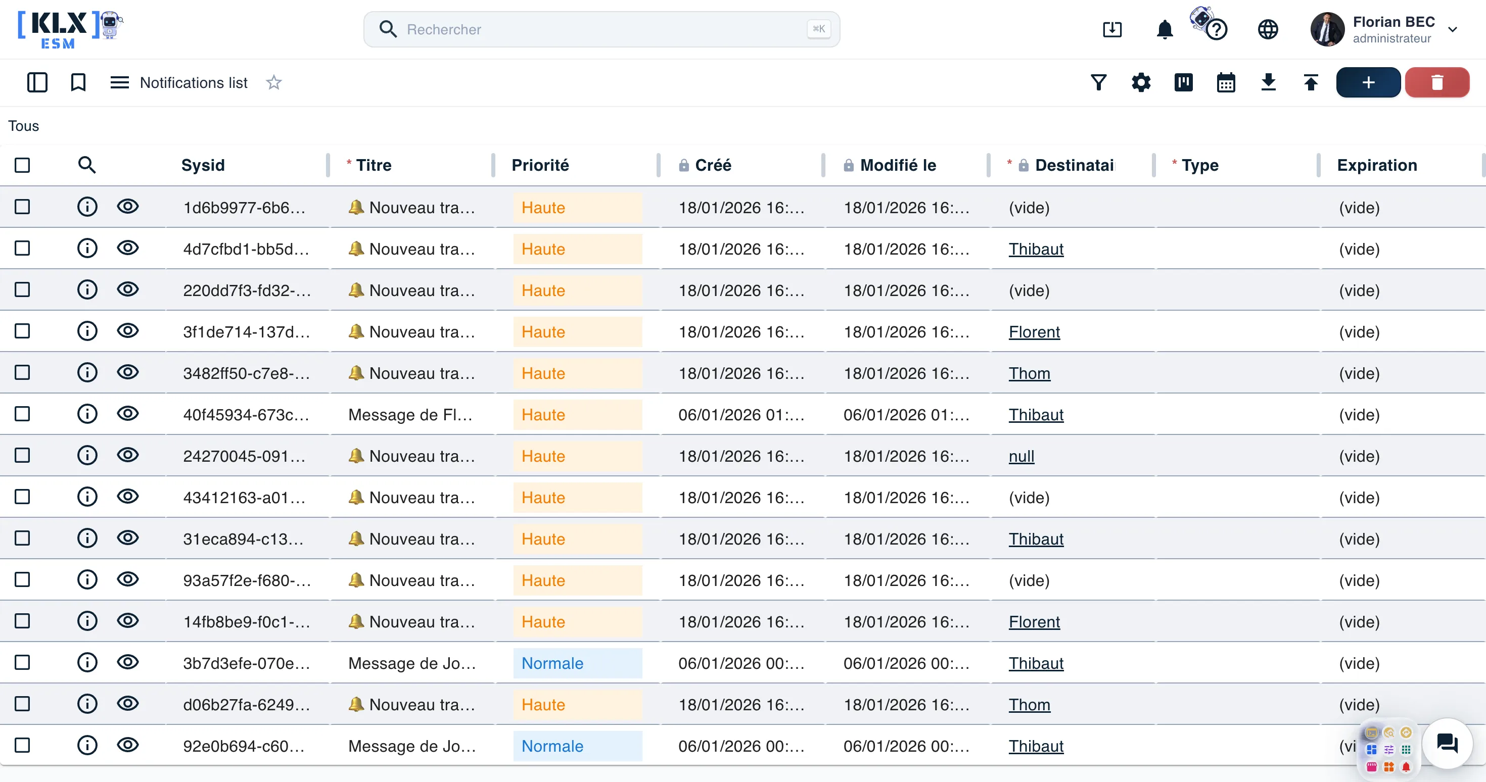 Notifications du helpdesk KLX ESM