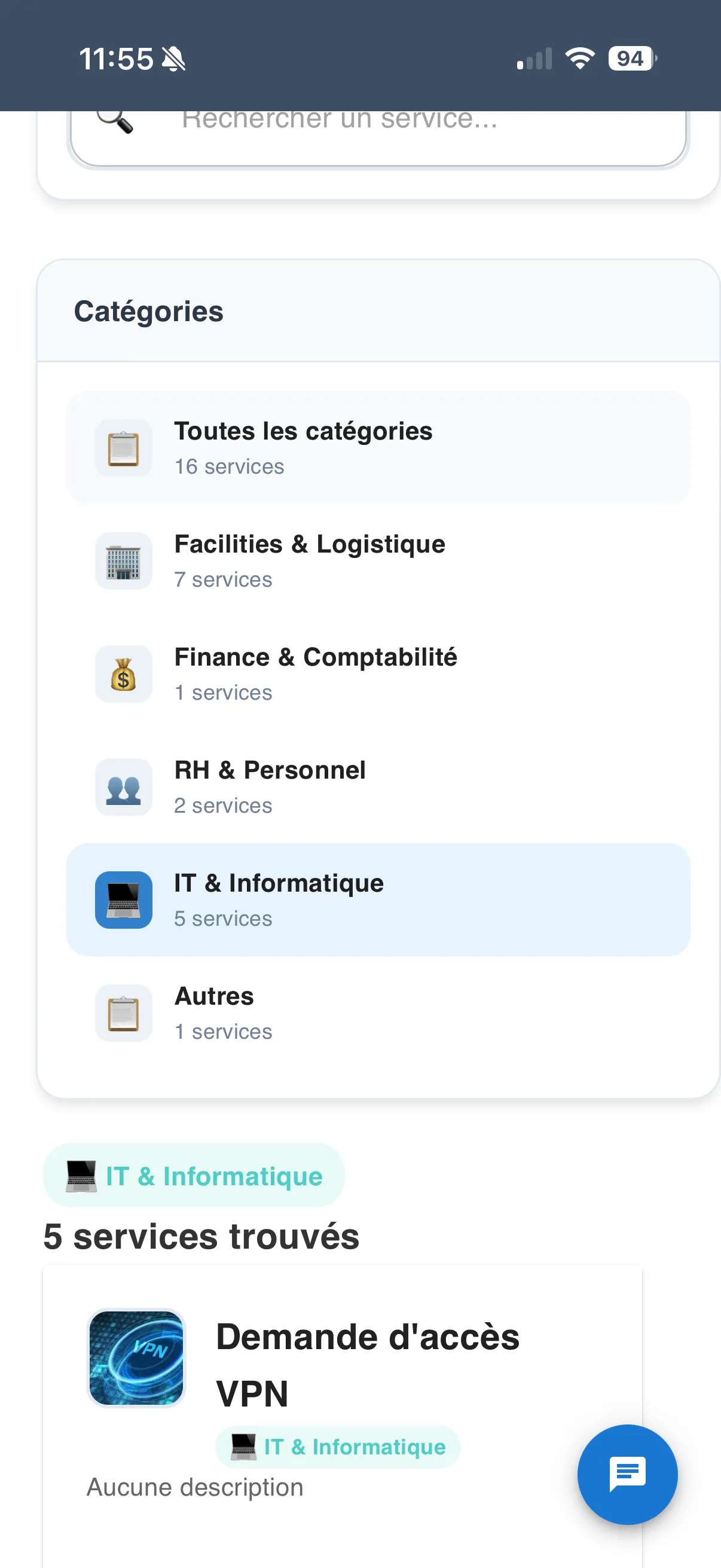Catalogue de services filtré par catégorie sur l’application mobile KLX ESM