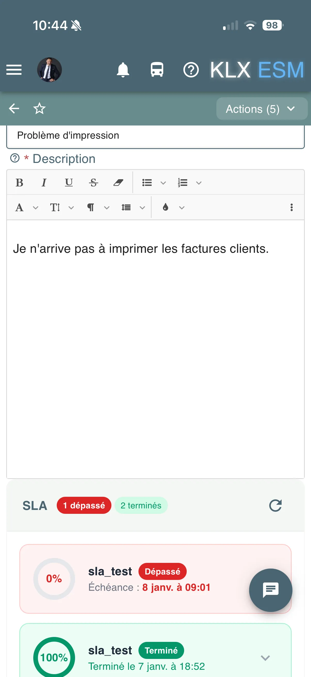 Détail d’un incident et suivi des SLA sur mobile dans KLX ESM