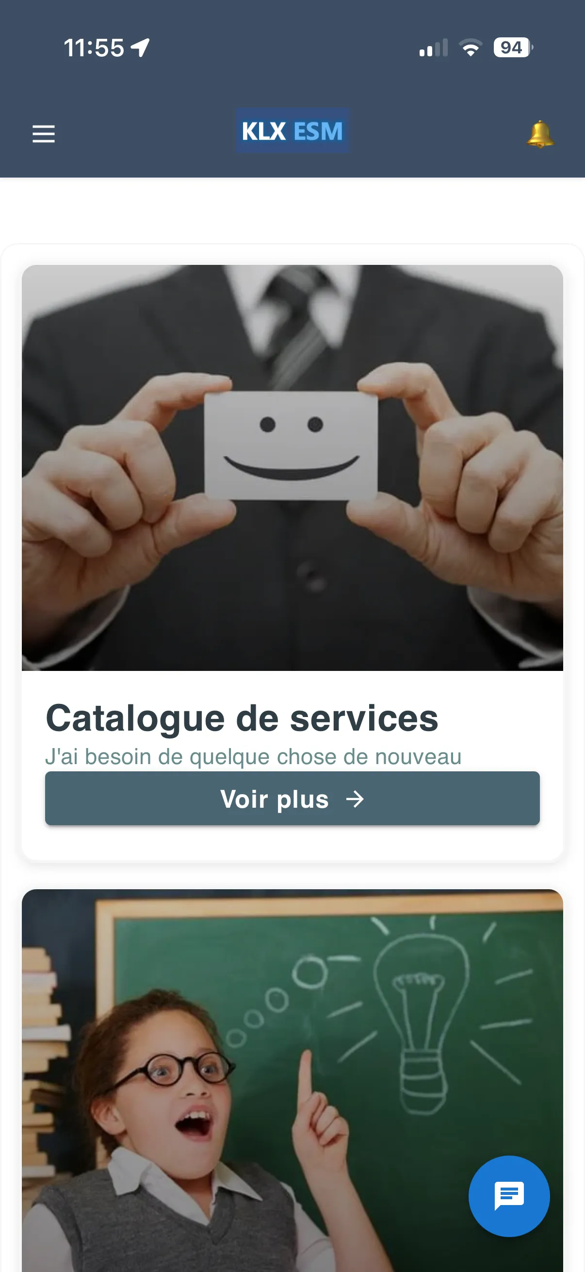 Portail mobile KLX ESM avec le catalogue de services