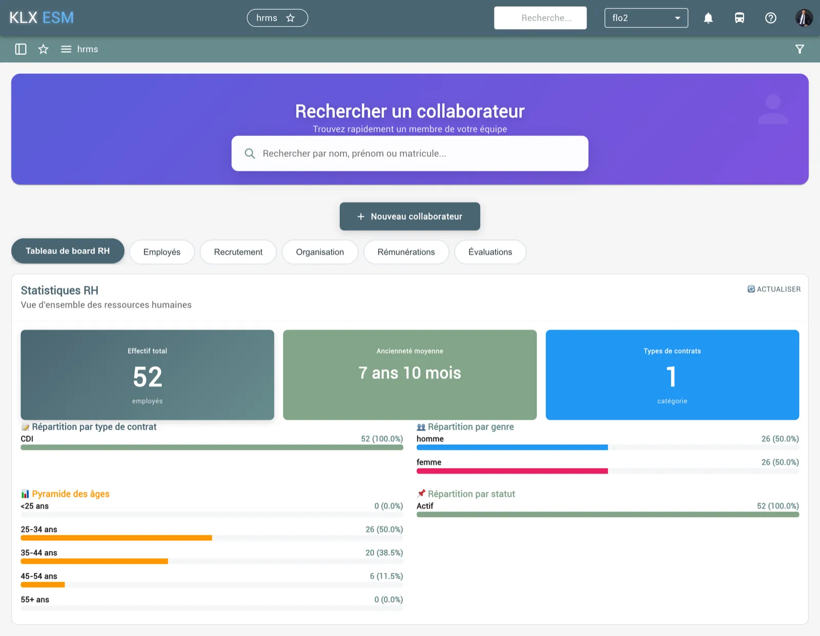 Module RH (HRMS) de KLX ESM, tableau de bord des effectifs