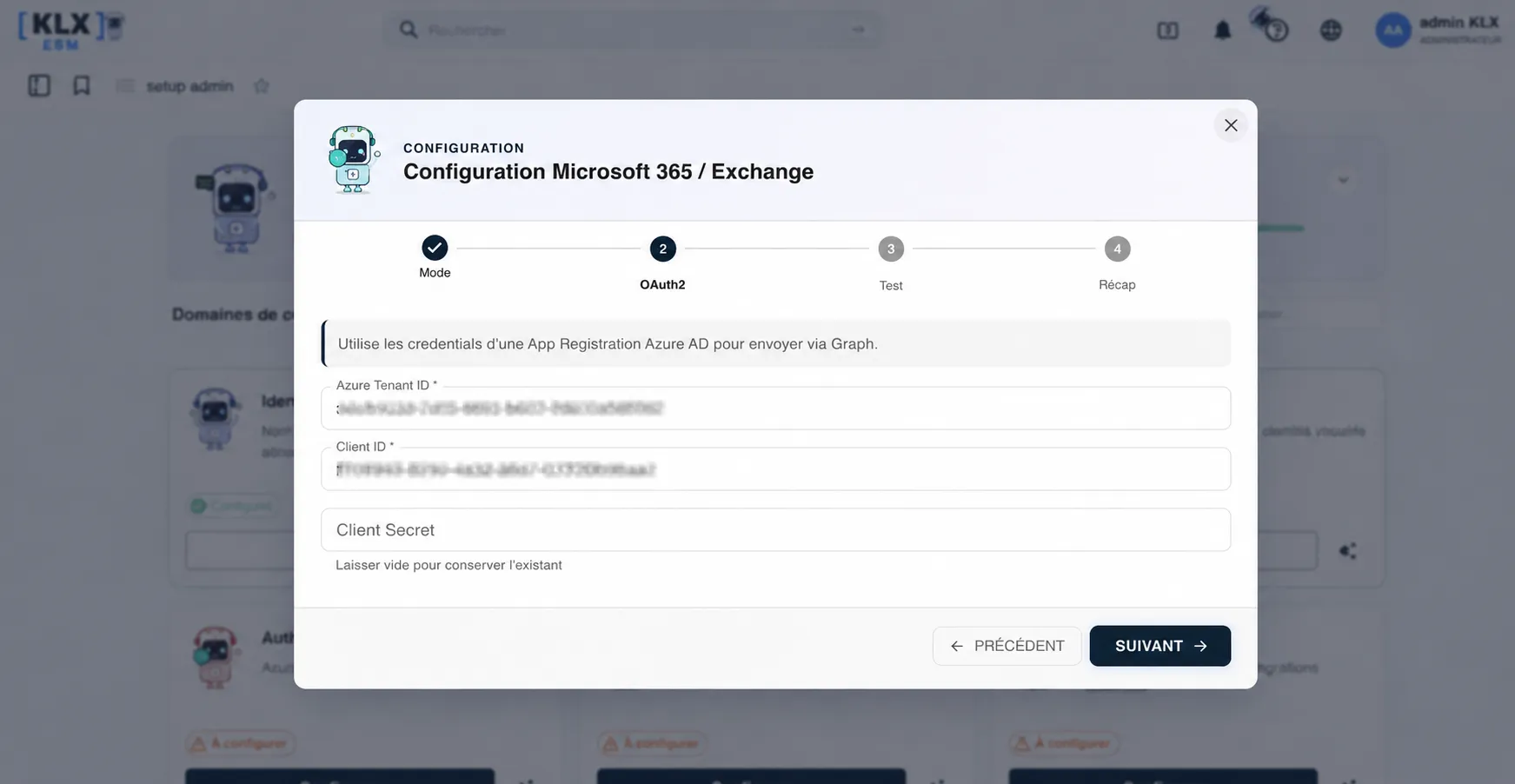 Assistant de configuration KLX ESM, connexion Microsoft 365 / Exchange en quelques étapes