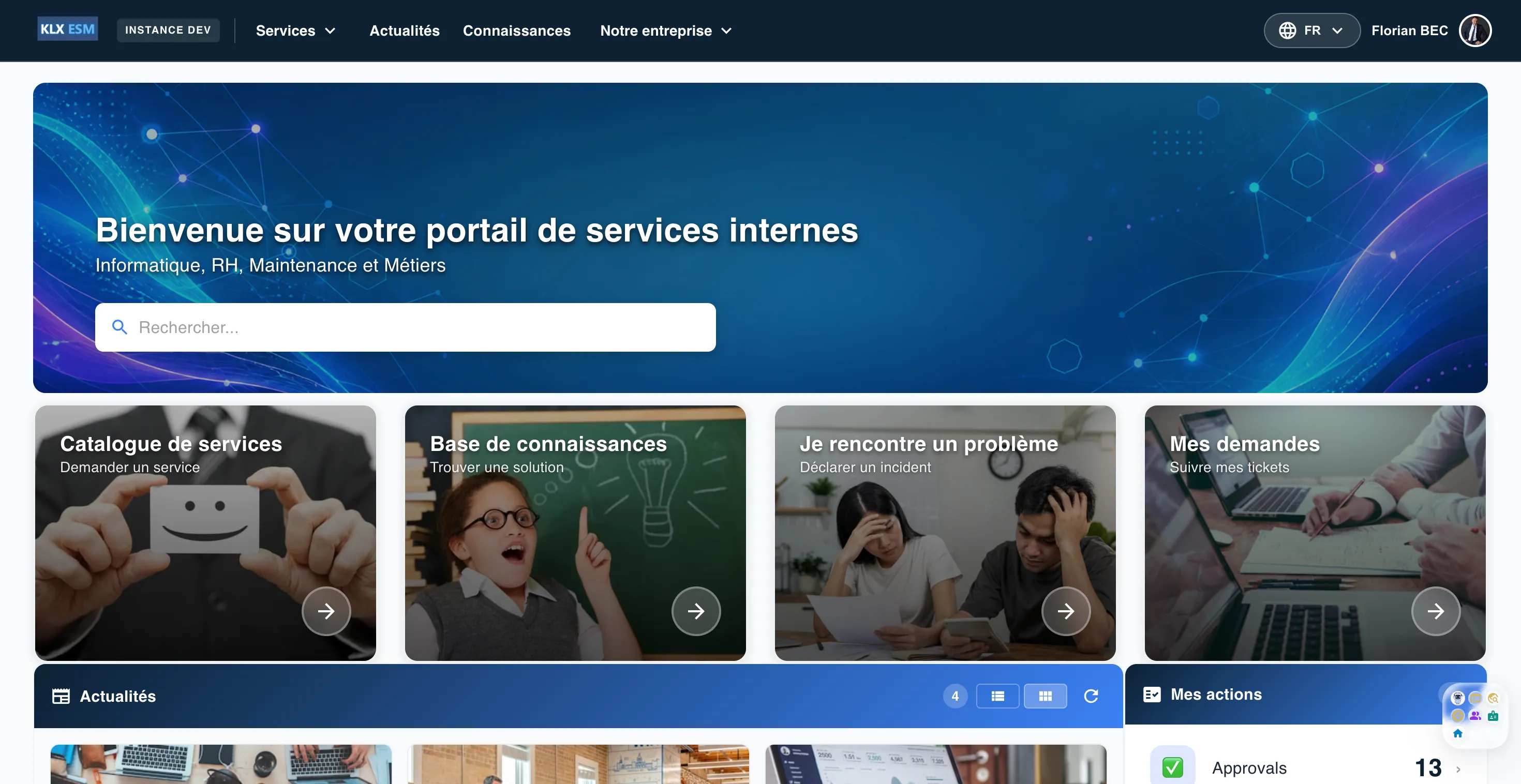 Portail de services internes KLX ESM, catalogue, base de connaissances, incidents et suivi des demandes