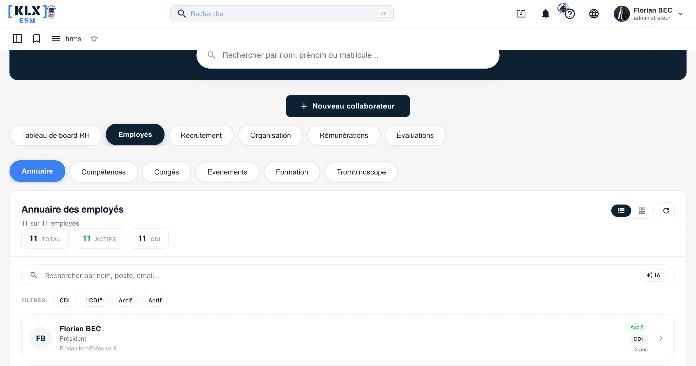 Annuaire des employés KLX ESM avec filtres et recherche IA