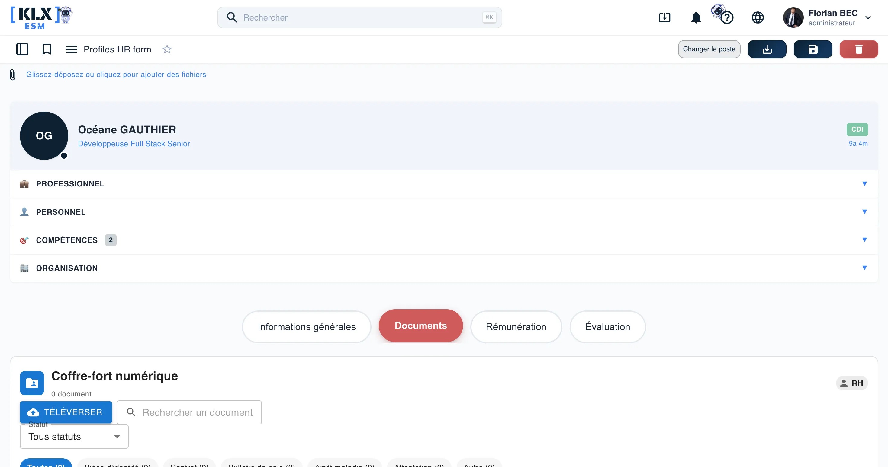 Coffre-fort numérique des documents du collaborateur KLX ESM