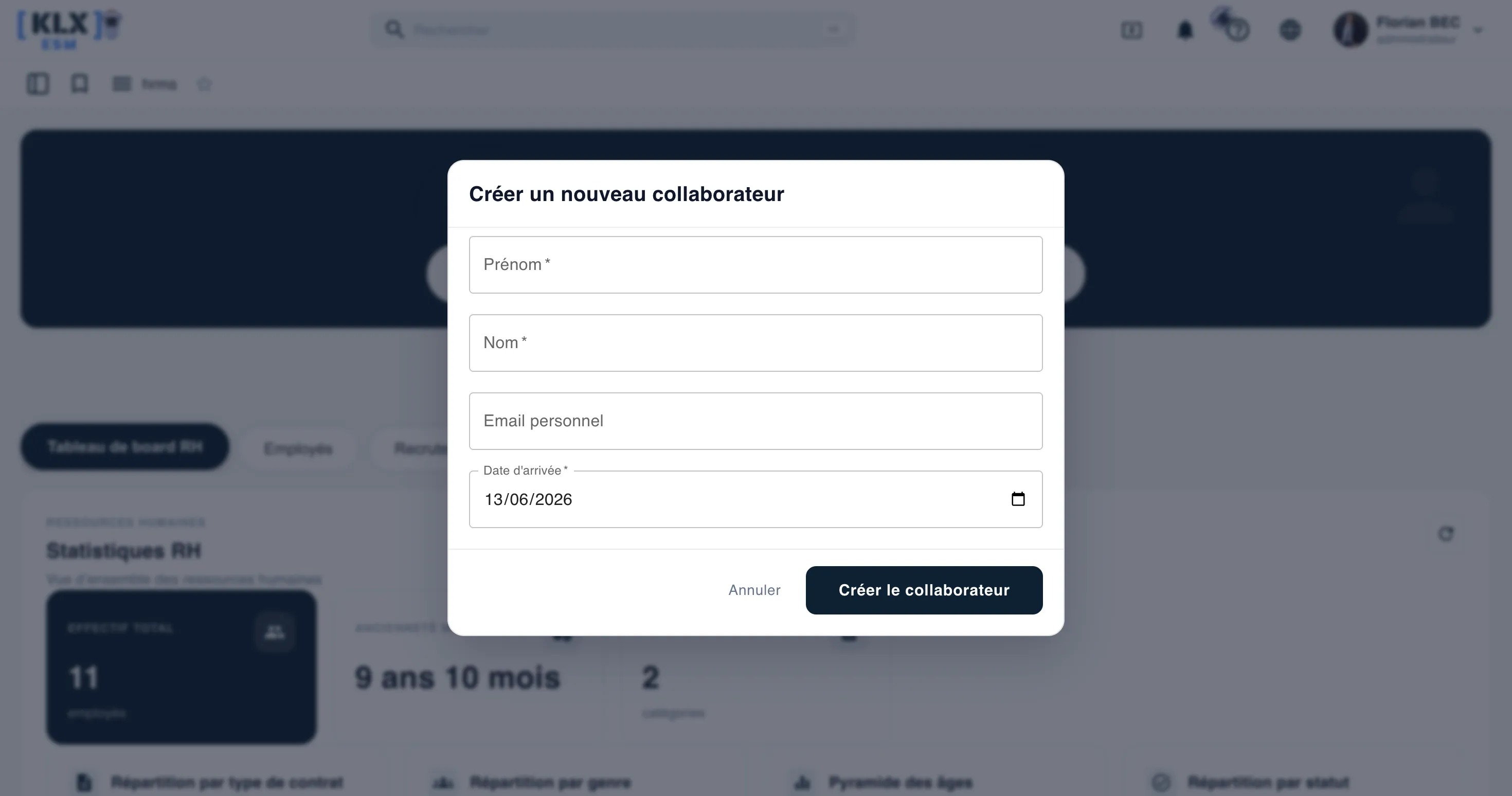 Création d’un collaborateur dans le module RH KLX ESM