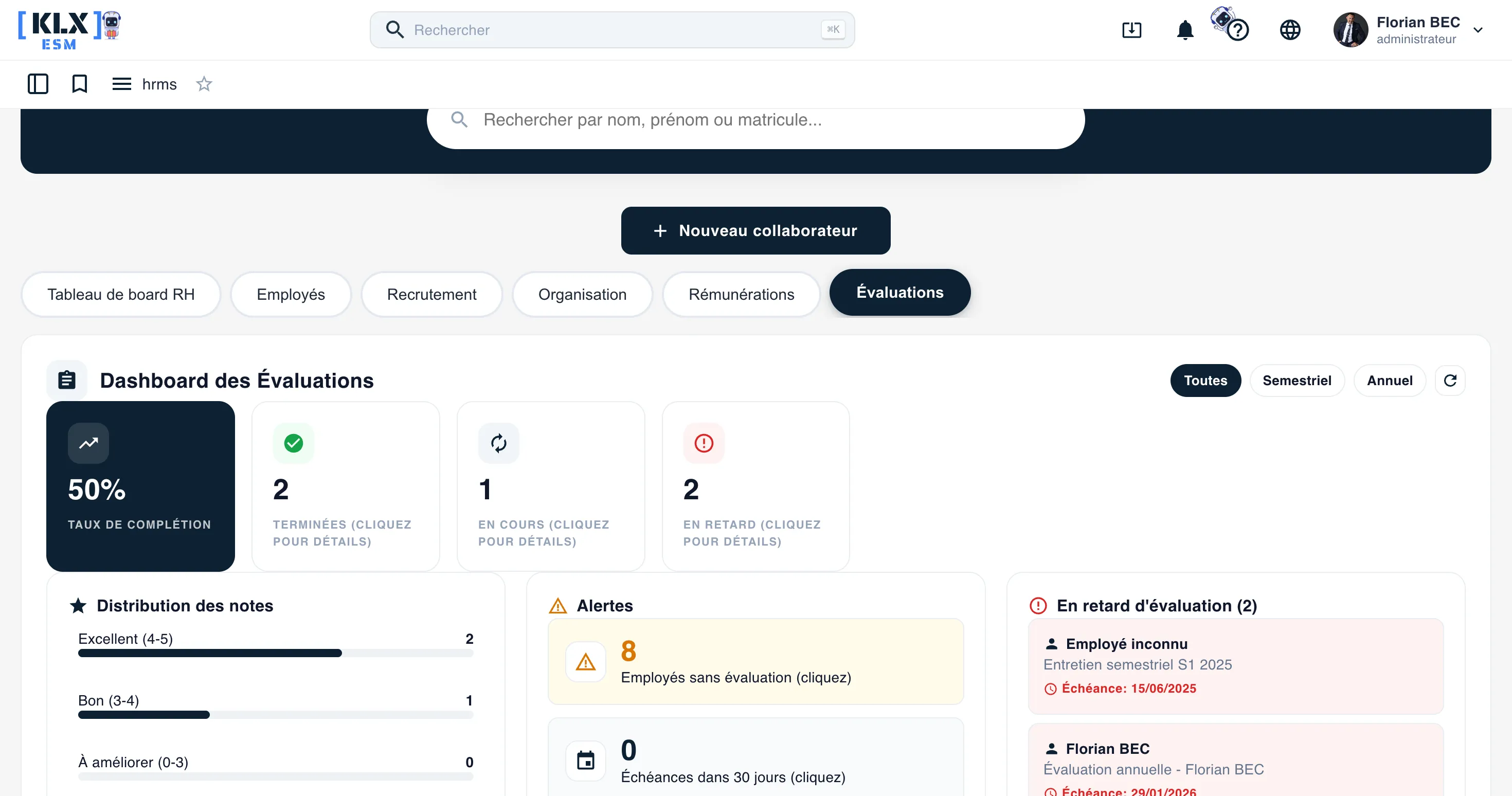 Tableau de bord des évaluations KLX ESM