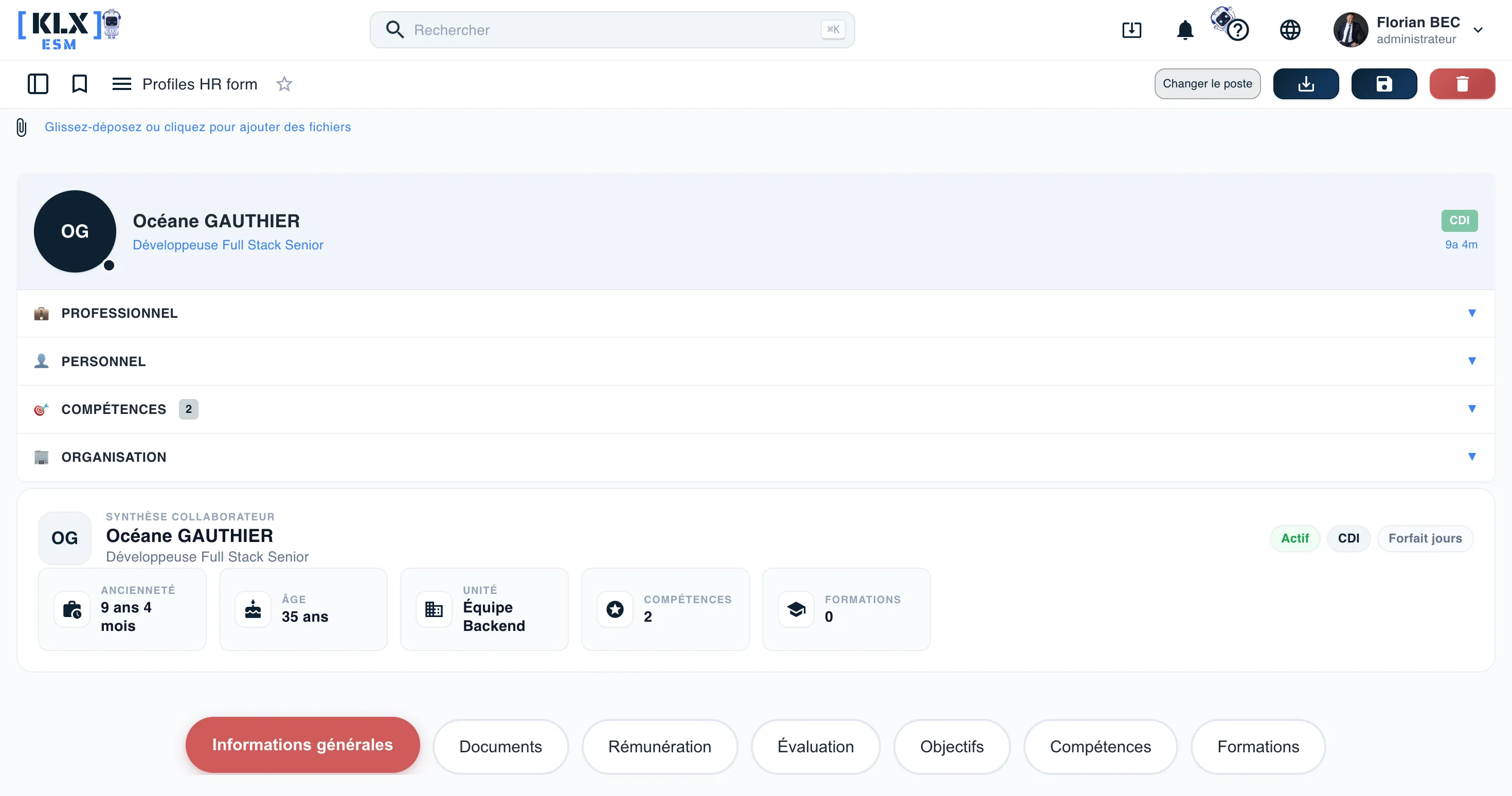 Fiche collaborateur KLX ESM, bandeau de synthèse