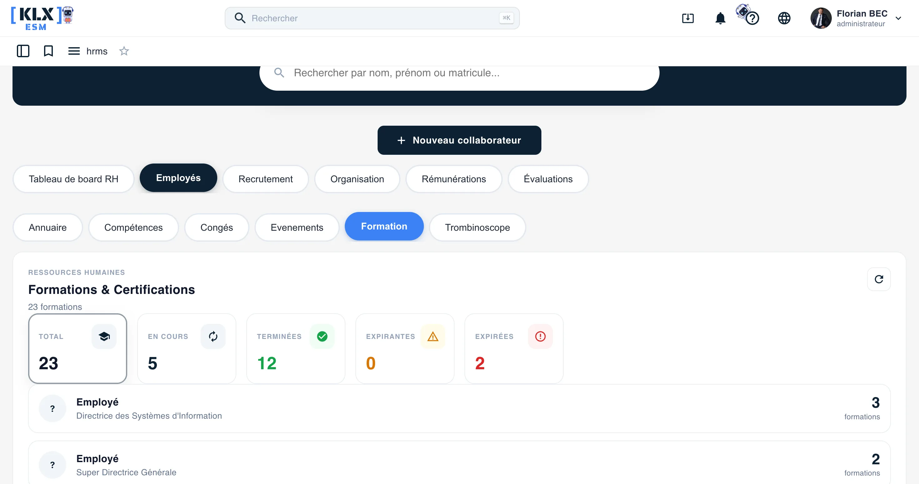 Suivi des formations et certifications KLX ESM