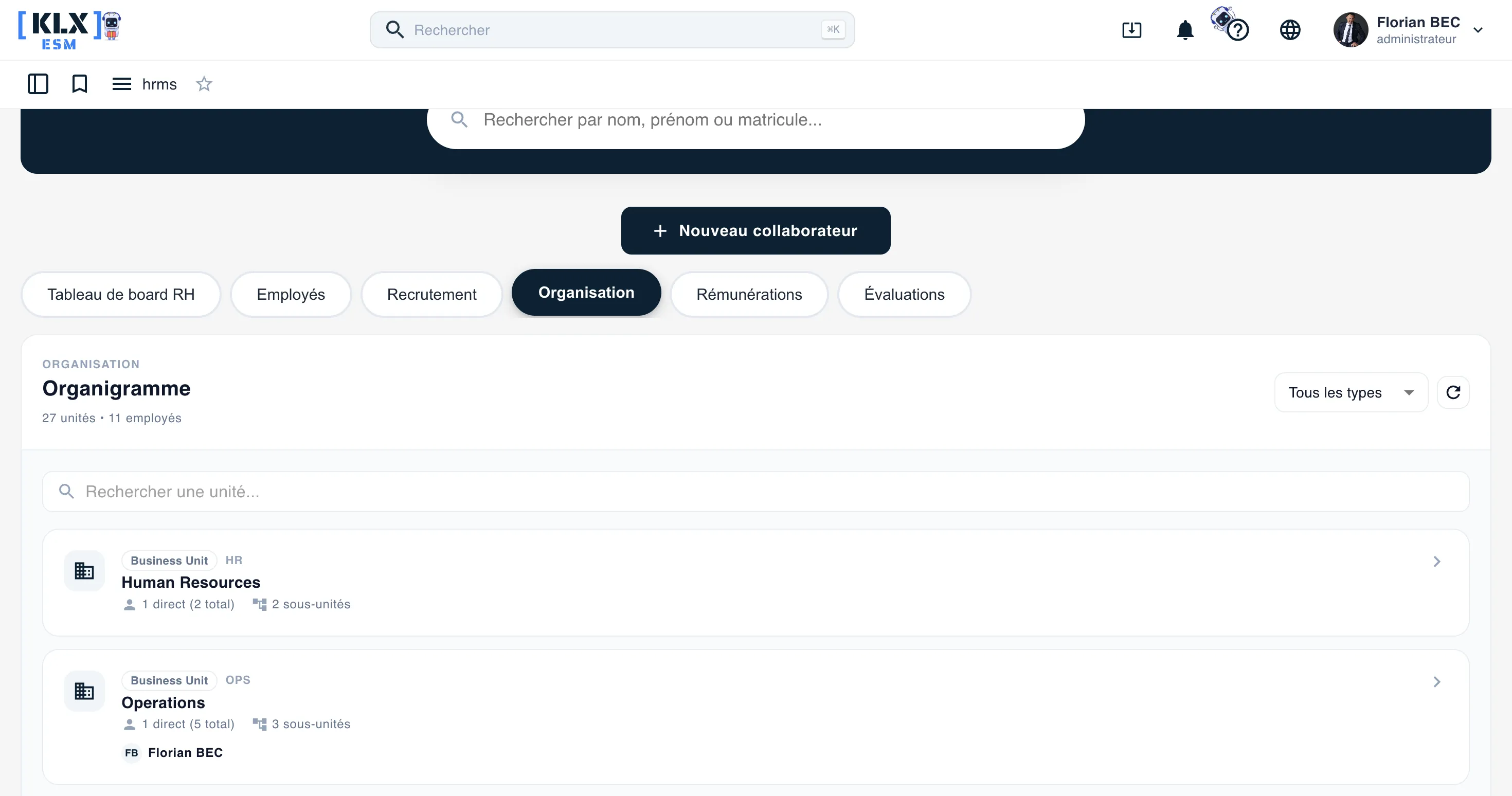 Organigramme par unités dans KLX ESM