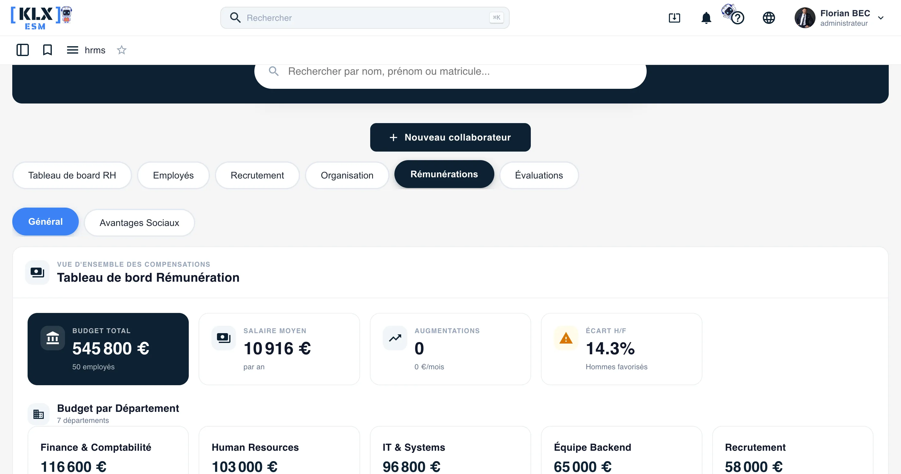 Tableau de bord de la rémunération KLX ESM